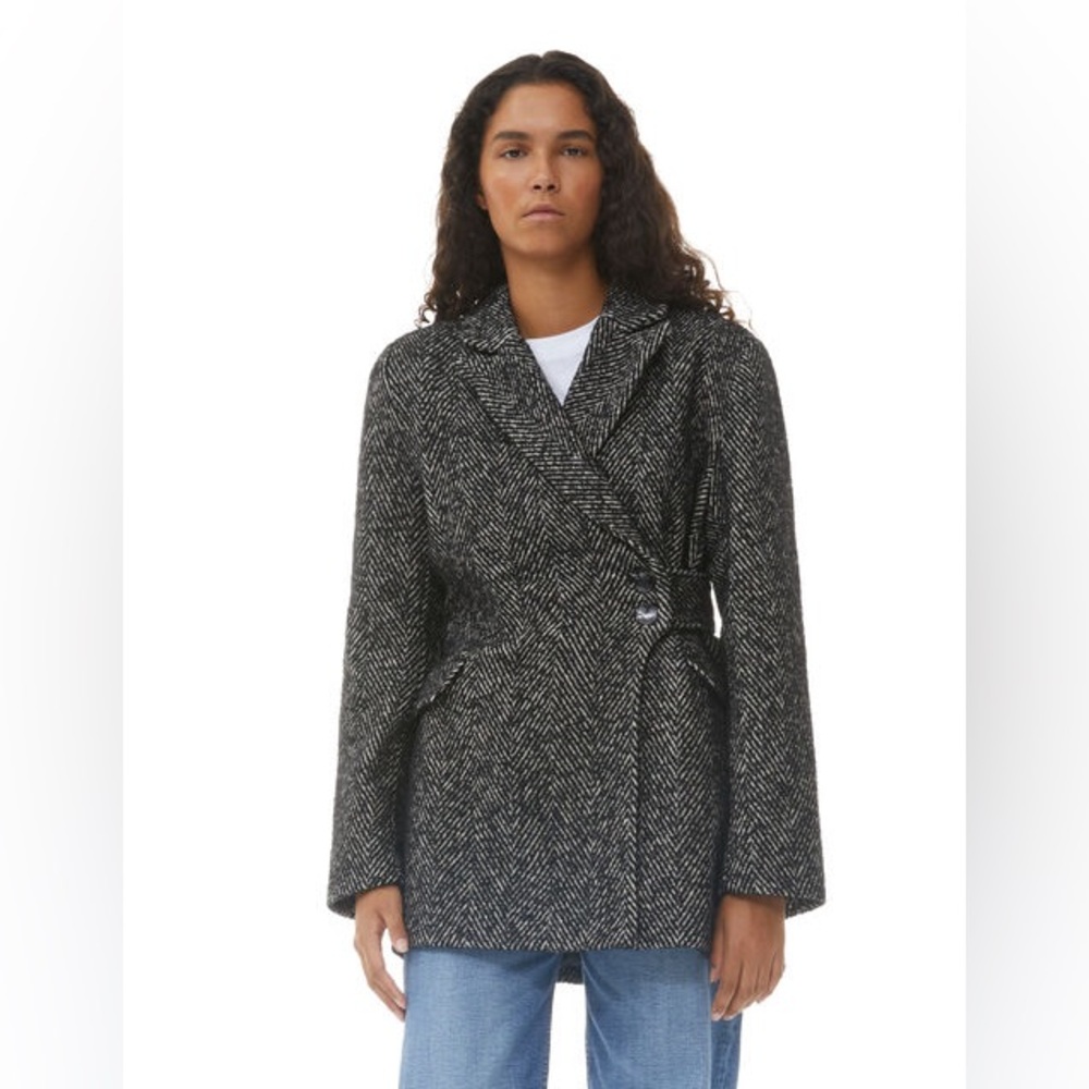 NWT GANNI Black Herringbone Wool Belted Blazer